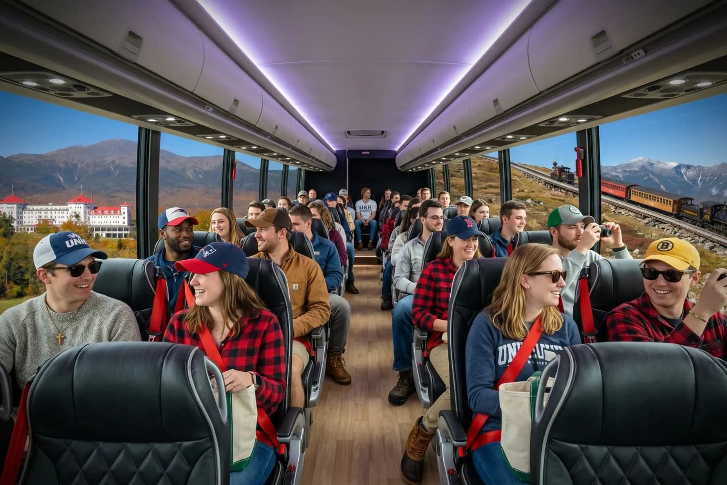 Modern charter bus cruising a White Mountains scenic road during a New Hampshire group tour