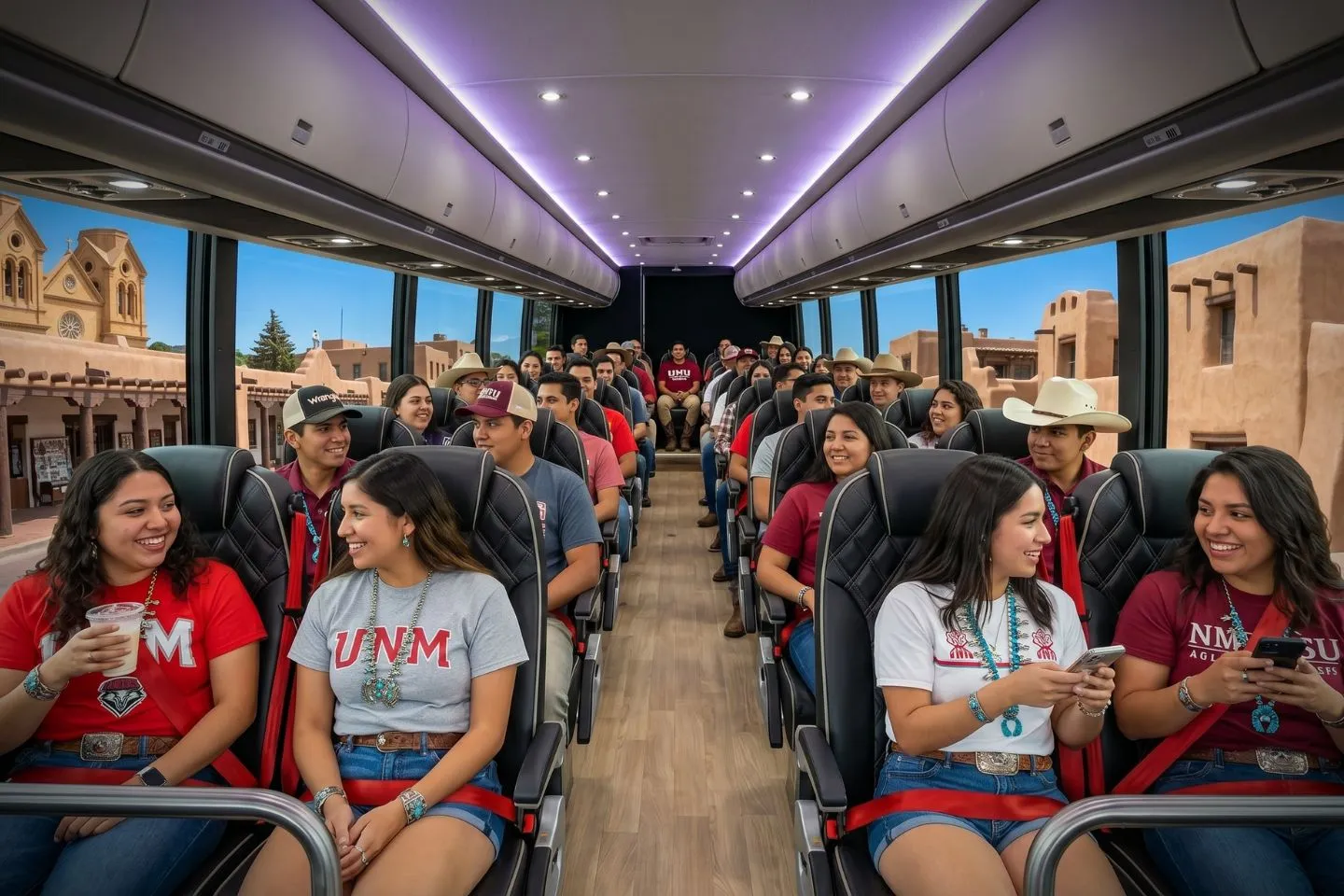 Spacious charter bus interior with reclining seats ready for New Mexico passengers