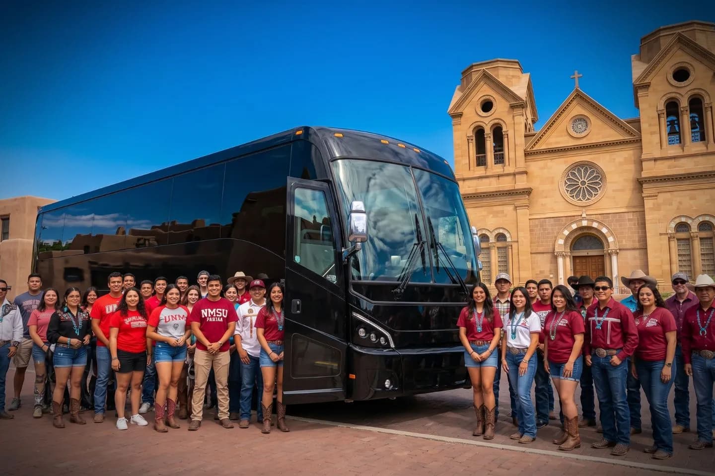 Travelers loading luggage into a modern charter bus for a New Mexico group trip