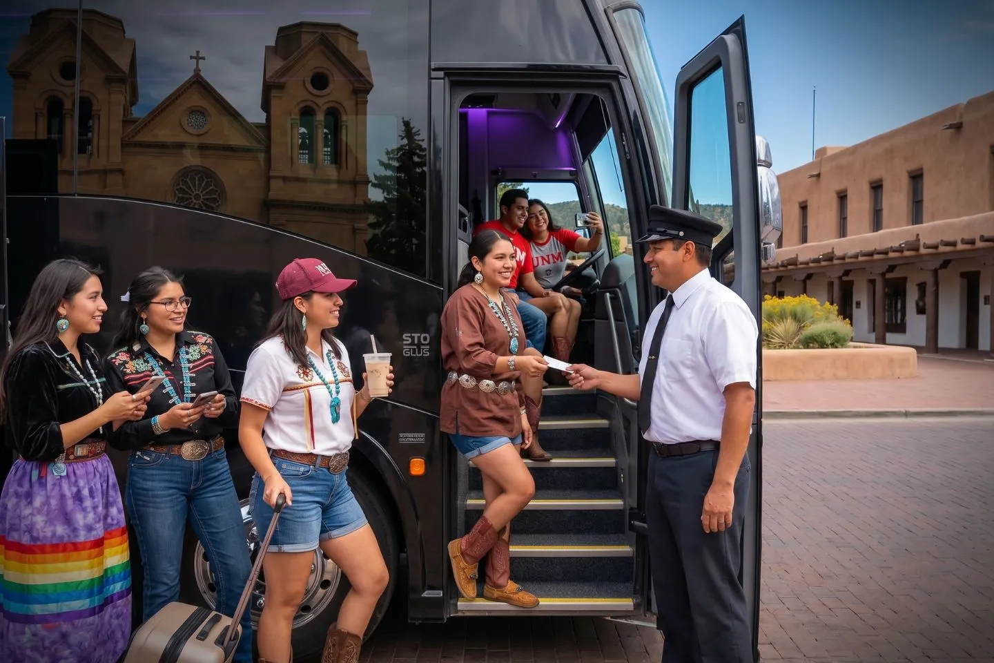 Motorcoach traveling along a high desert mesa highway on a New Mexico charter route