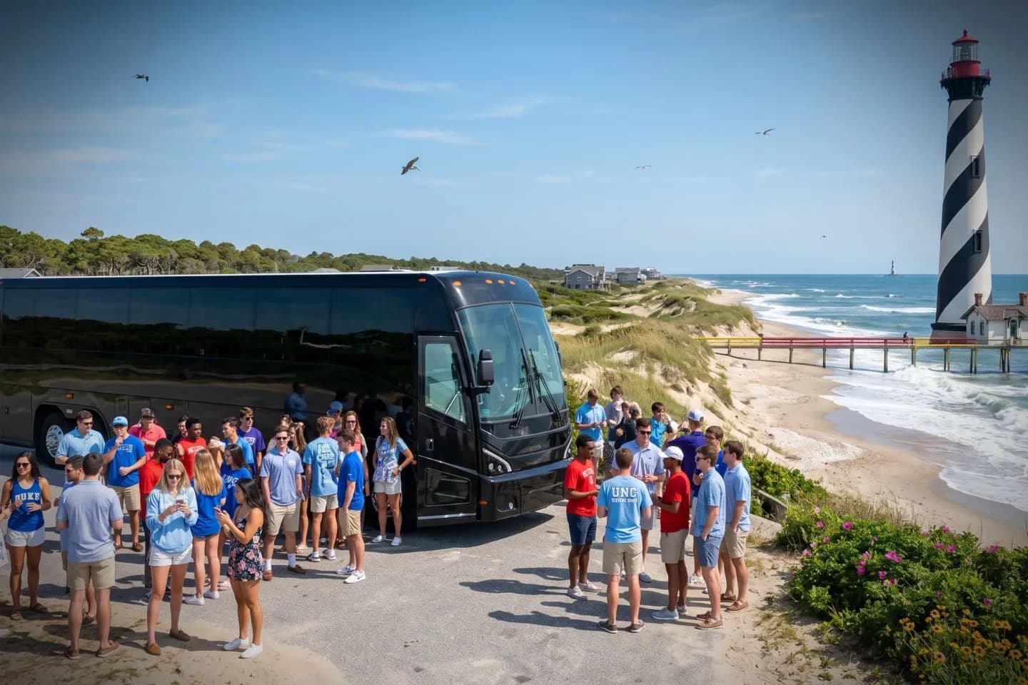 Passengers stepping onto a charter bus at the start of a North Carolina trip