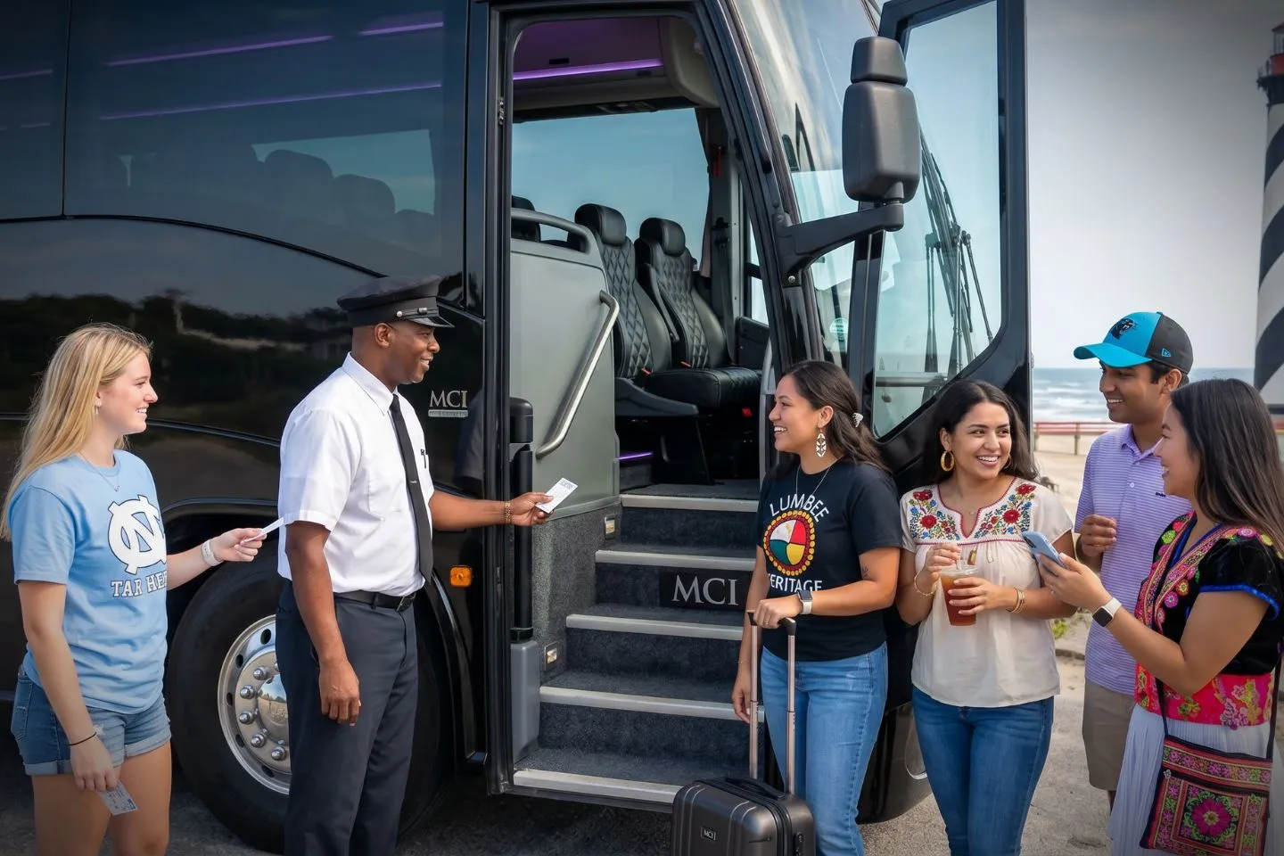 Wide aisle and plush seats inside a charter bus serving North Carolina travelers