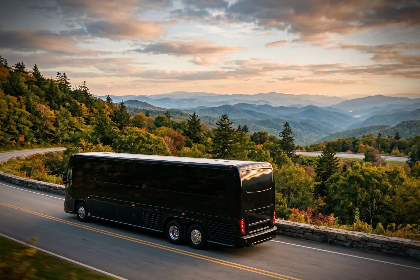 Black charter bus waiting outside a Charlotte hotel for a North Carolina corporate group