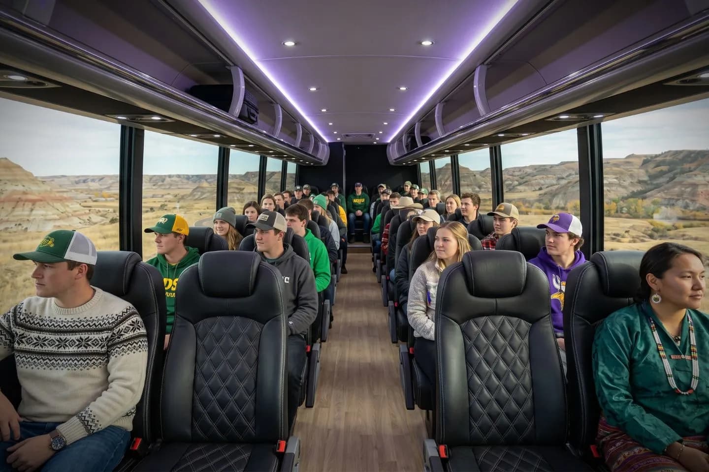 Travelers loading luggage into a modern charter bus for a North Dakota group trip