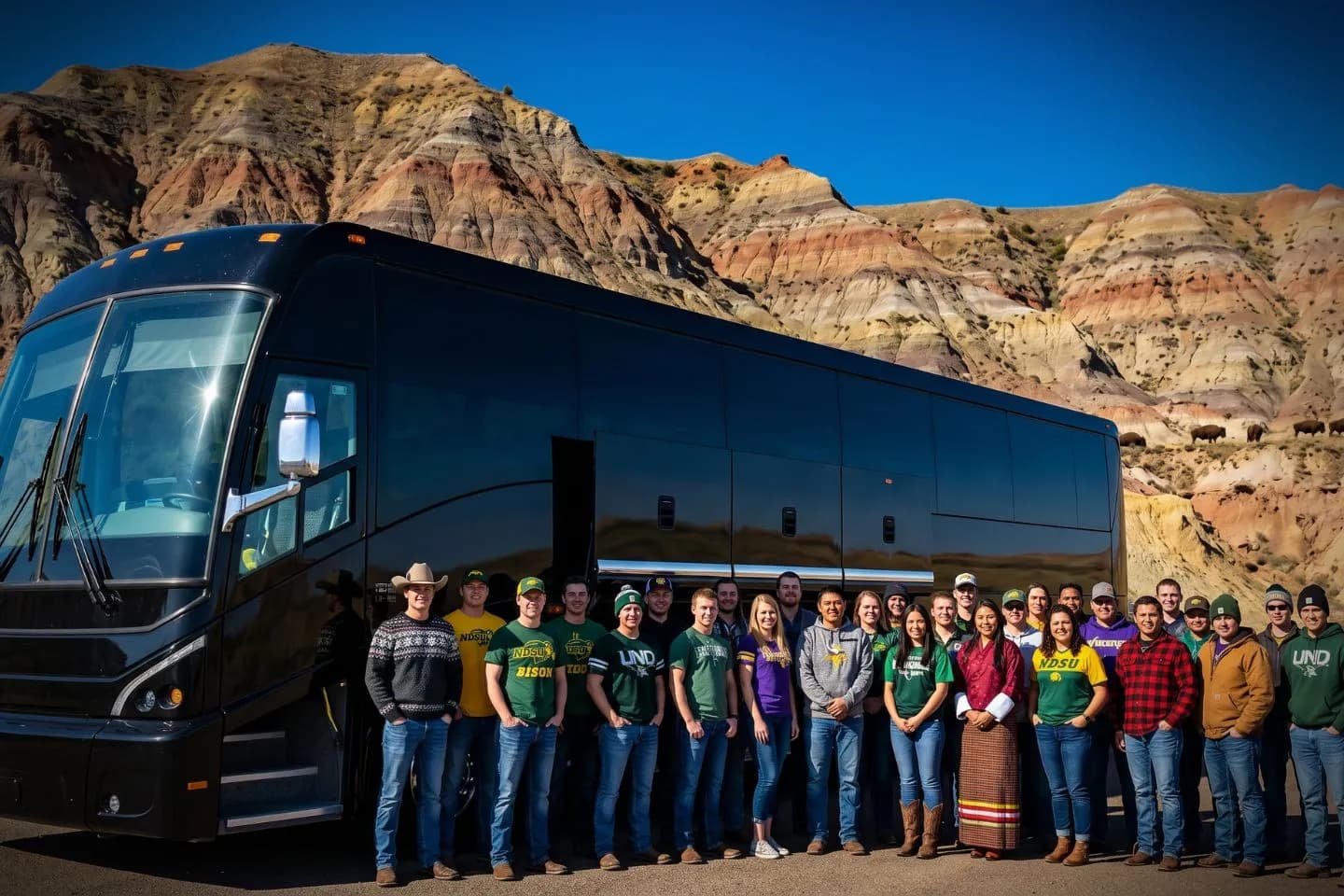 Motorcoach traveling along an open prairie interstate near Bismarck on a North Dakota charter route