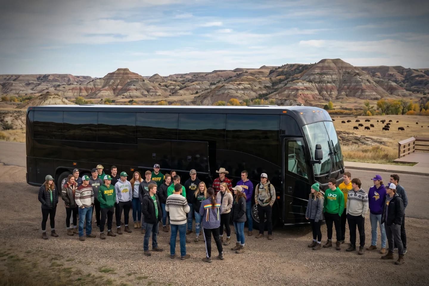 Spacious charter bus interior with reclining seats ready for North Dakota passengers