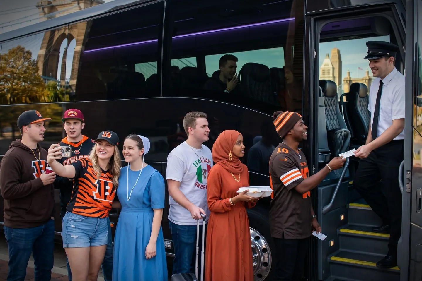 Modern charter bus cruising an interstate outside Cleveland during an Ohio group tour