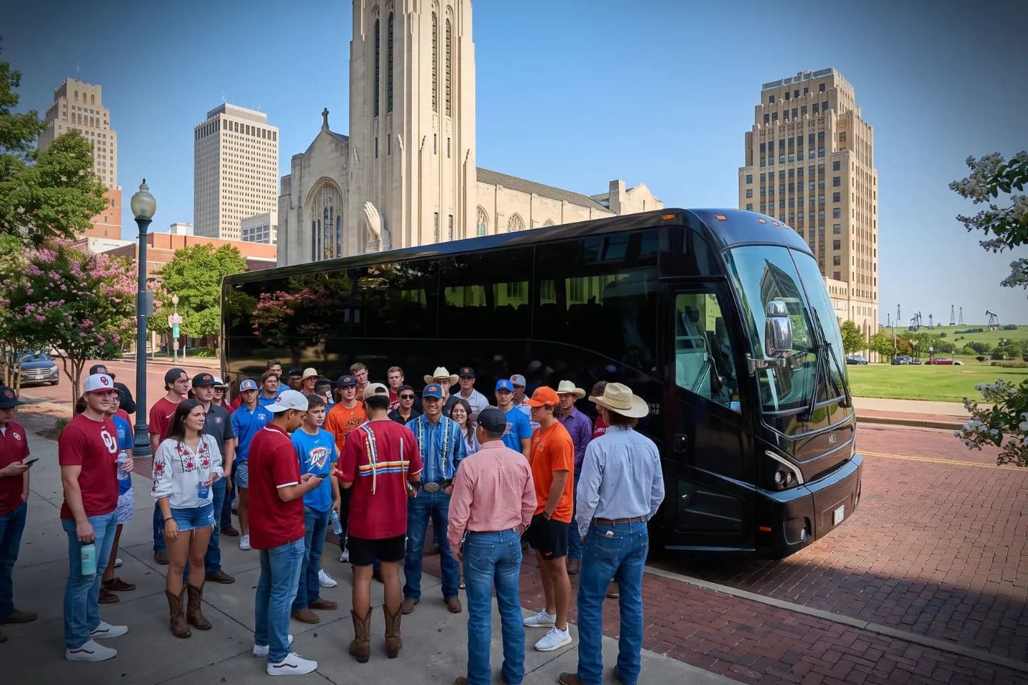 Passengers stepping onto a charter bus at the start of an Oklahoma trip