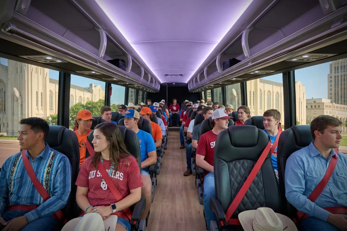 Charter motorcoach rolling down an interstate across the Oklahoma plains on an Oklahoma rental itinerary