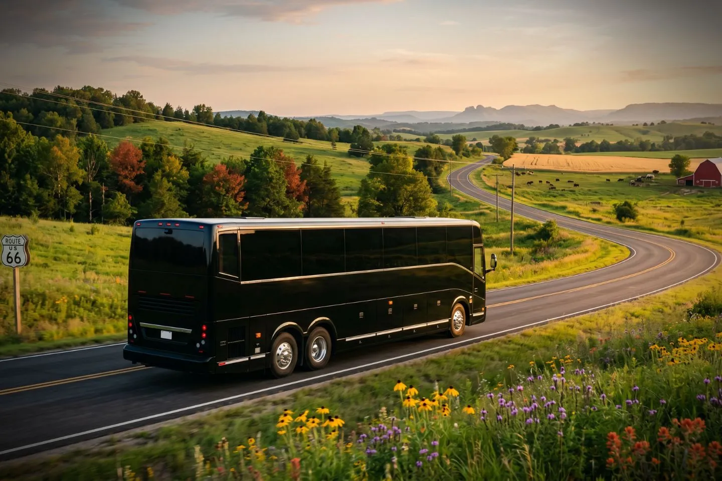 Black charter bus waiting outside an Oklahoma City hotel for an Oklahoma corporate group