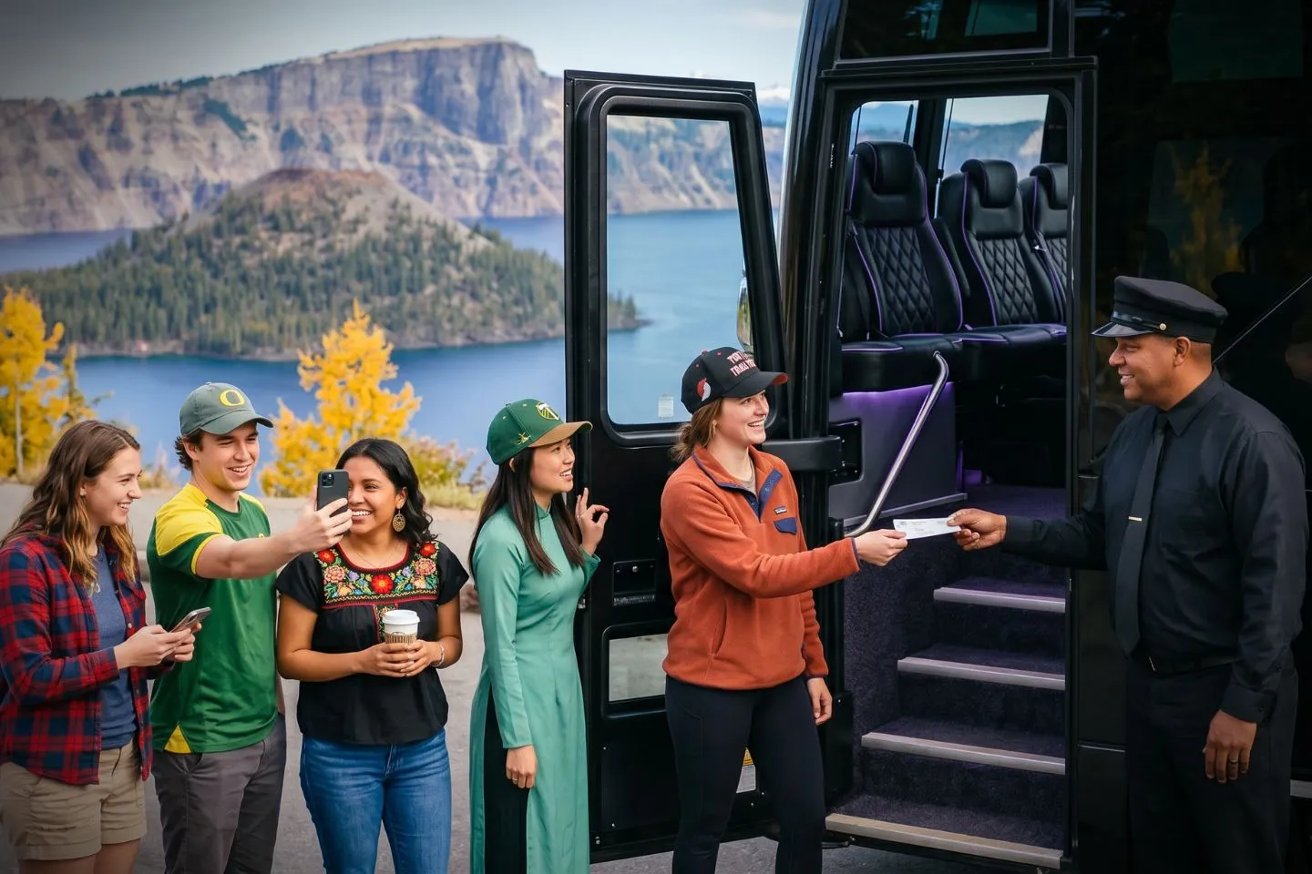 Spacious charter bus interior with reclining seats ready for Oregon passengers