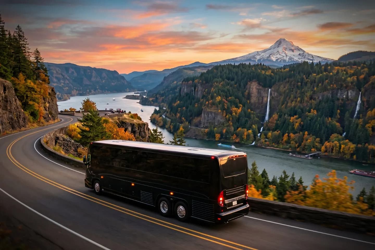 White charter bus parked outside a Portland hotel awaiting an Oregon tour group