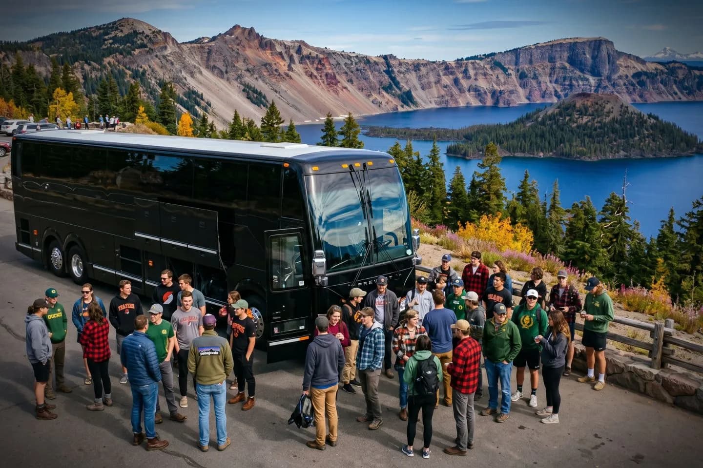 Professional driver welcoming guests aboard a luxury charter bus in Oregon