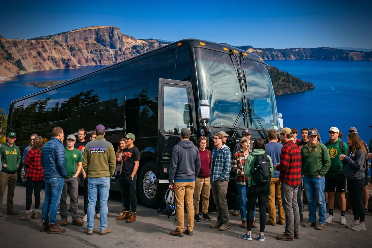 Travelers loading luggage into a modern charter bus for an Oregon group trip