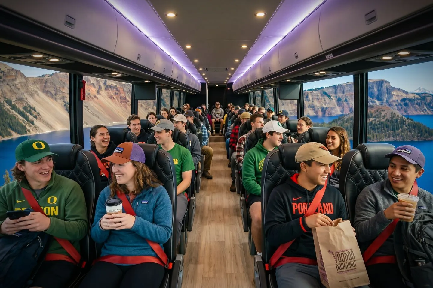 Motorcoach traveling along an evergreen forest highway on an Oregon charter route