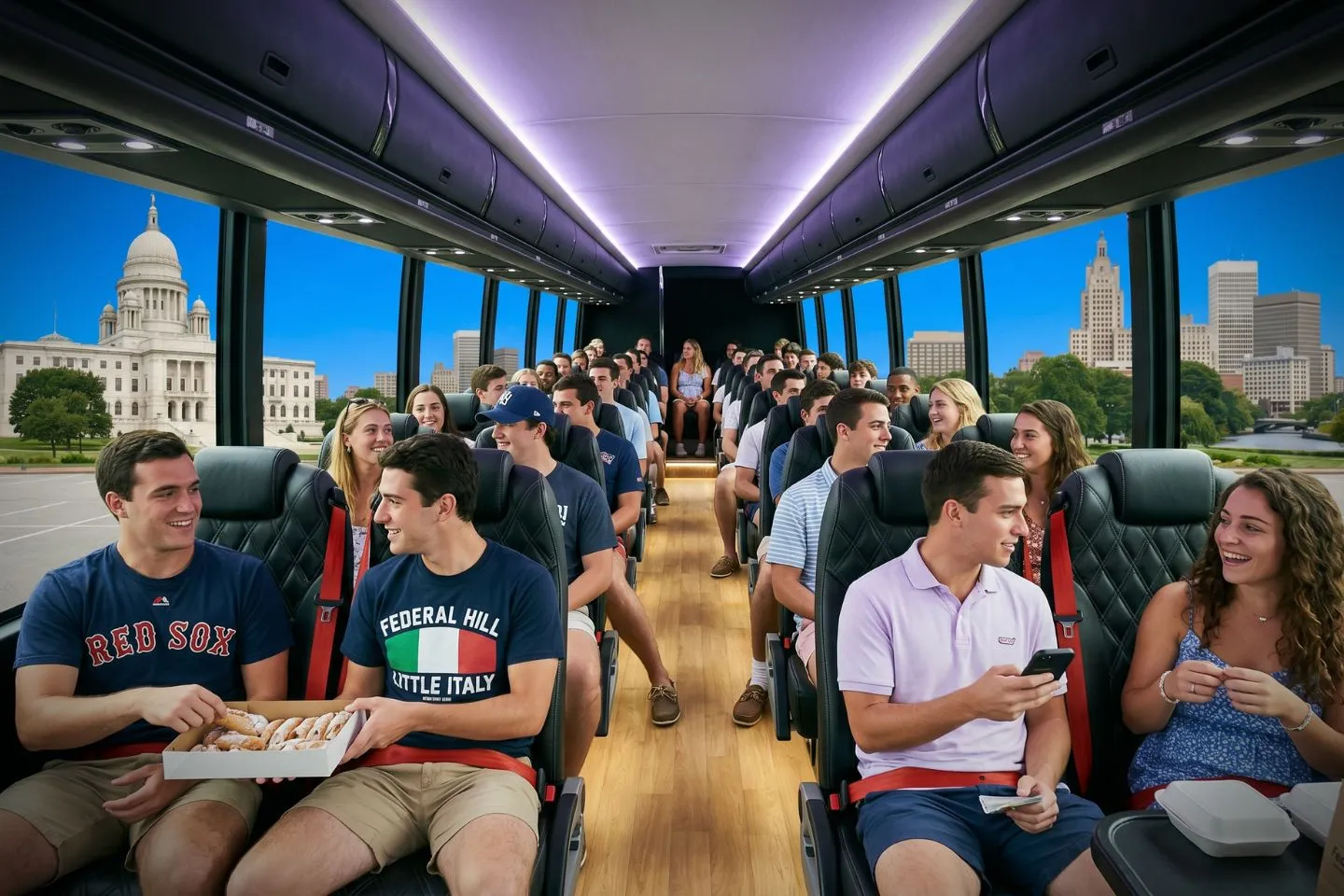 Wide aisle and plush seats inside a charter bus serving Rhode Island travelers