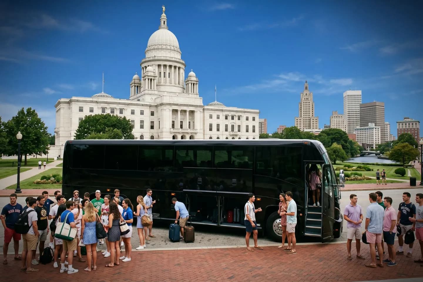Passengers stepping onto a charter bus at the start of a Rhode Island trip