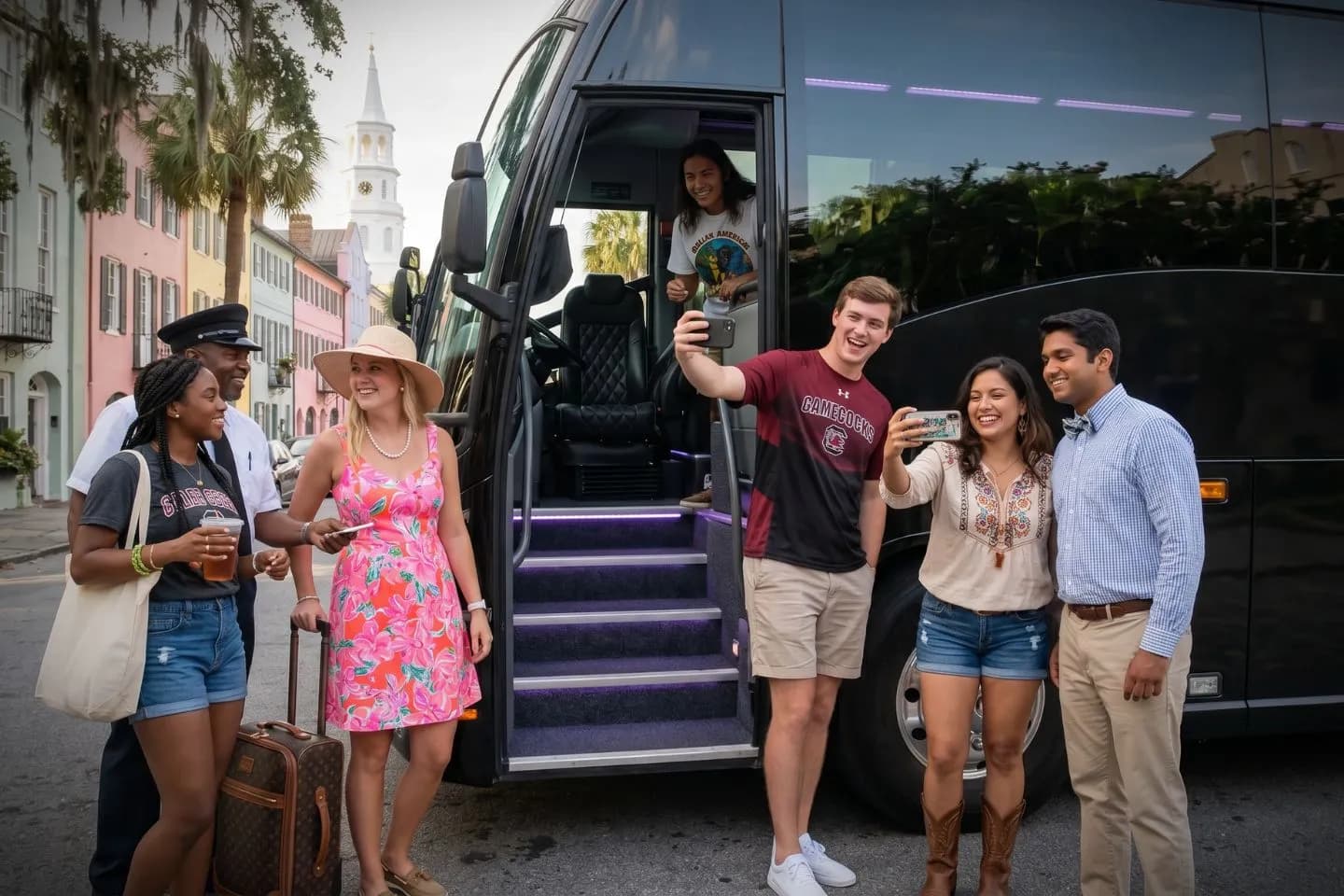 Professional driver welcoming guests aboard a luxury charter bus in South Carolina
