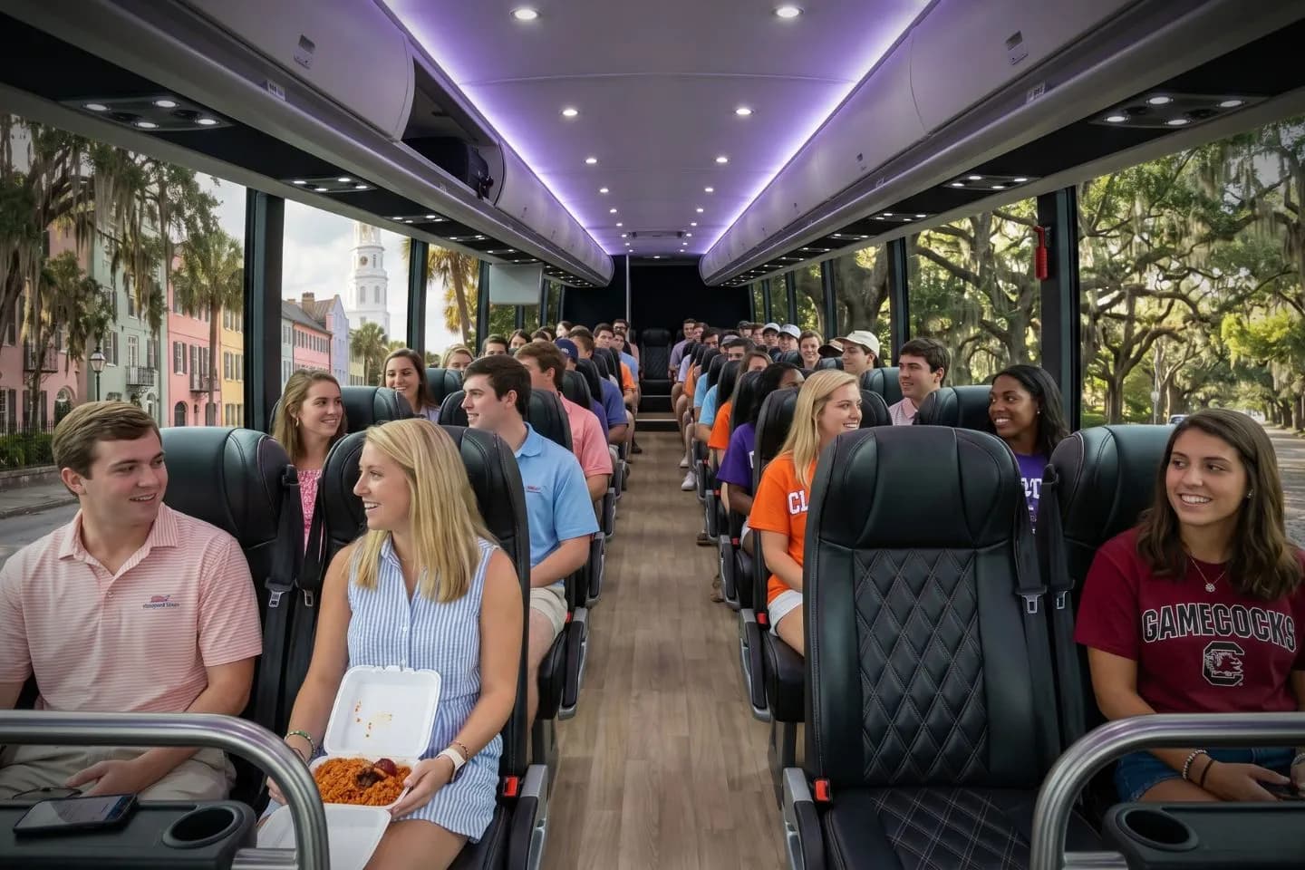 Spacious charter bus interior with reclining seats ready for South Carolina passengers