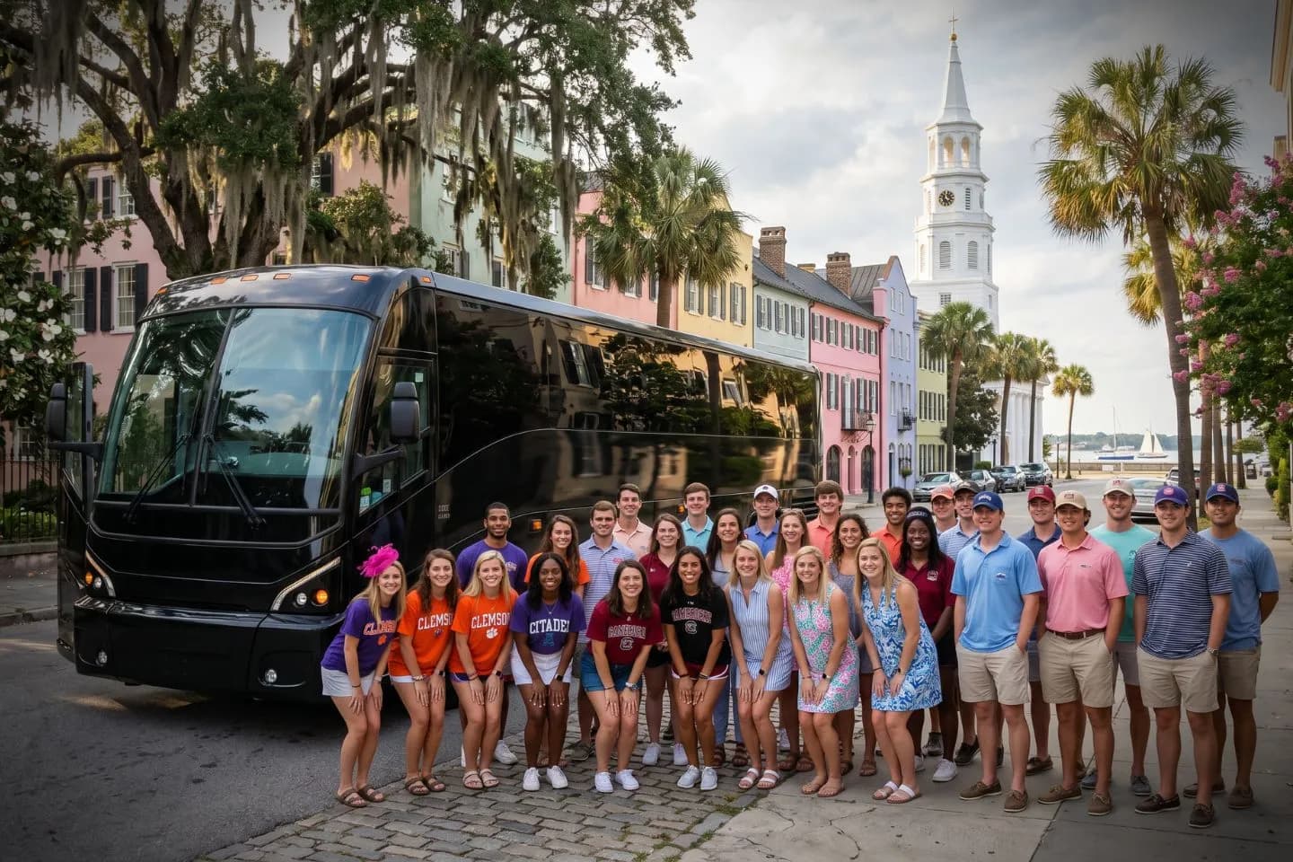 Motorcoach traveling along a palmetto lined lowcountry road on a South Carolina charter route