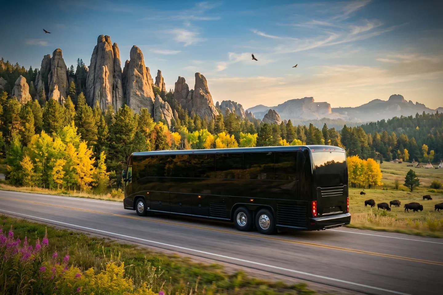 Black charter bus waiting outside a Nashville hotel for a Tennessee corporate group