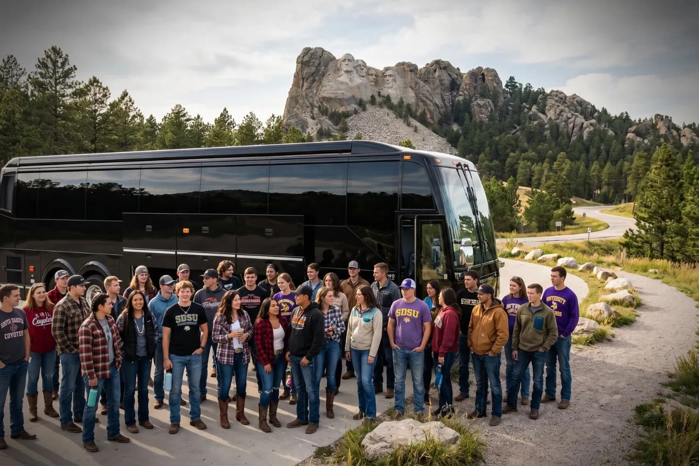 Passengers stepping onto a charter bus at the start of a Tennessee trip