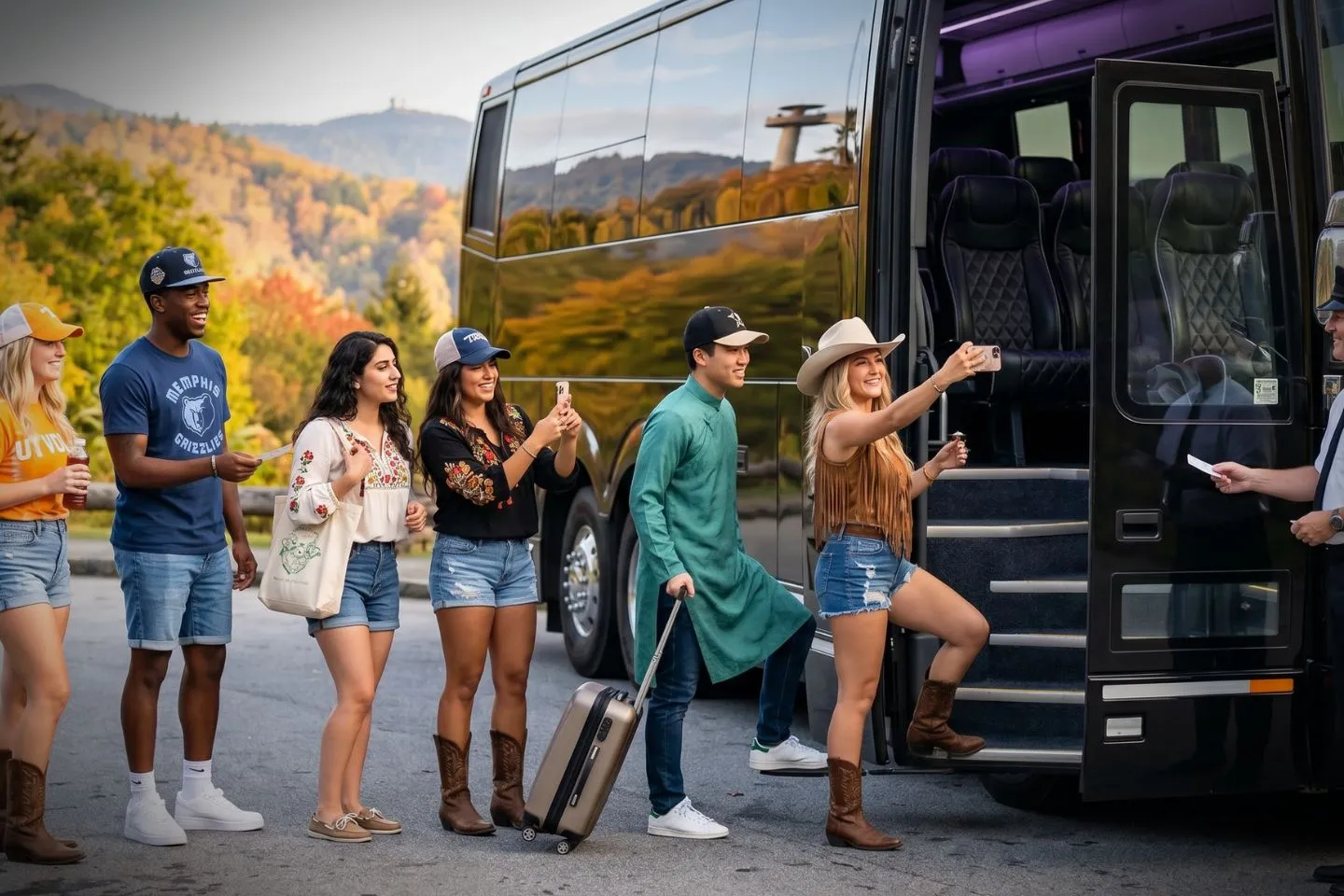 Wide aisle and plush seats inside a charter bus serving Tennessee travelers