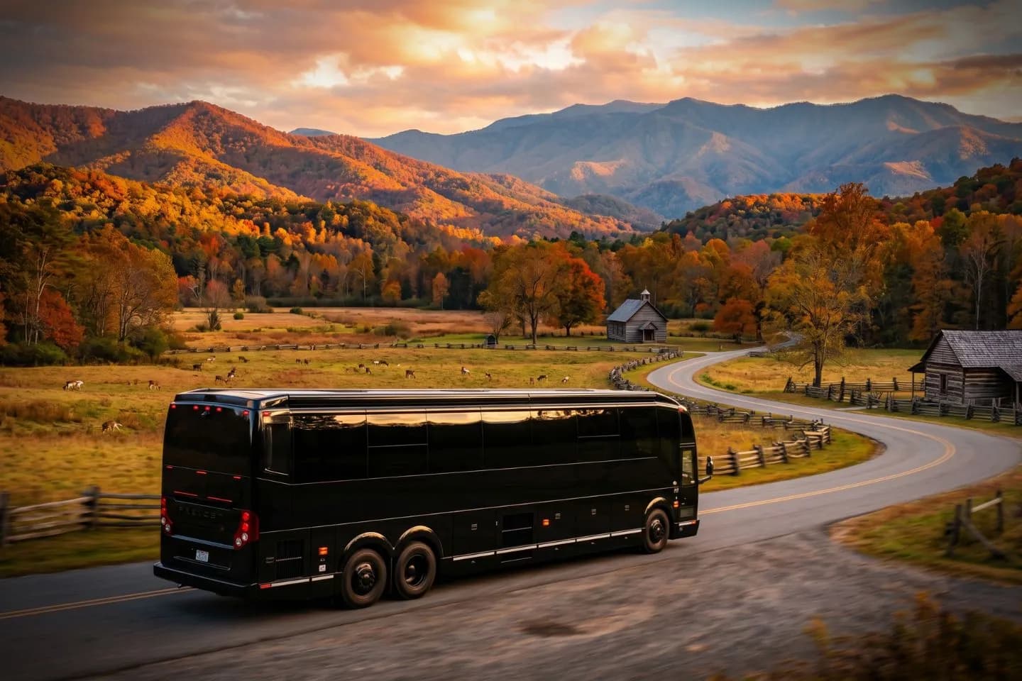 Black charter bus waiting outside a Nashville hotel for a Tennessee corporate group