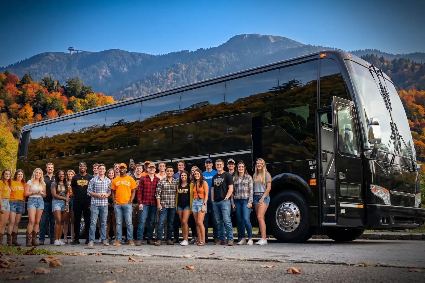 Passengers stepping onto a charter bus at the start of a Tennessee trip