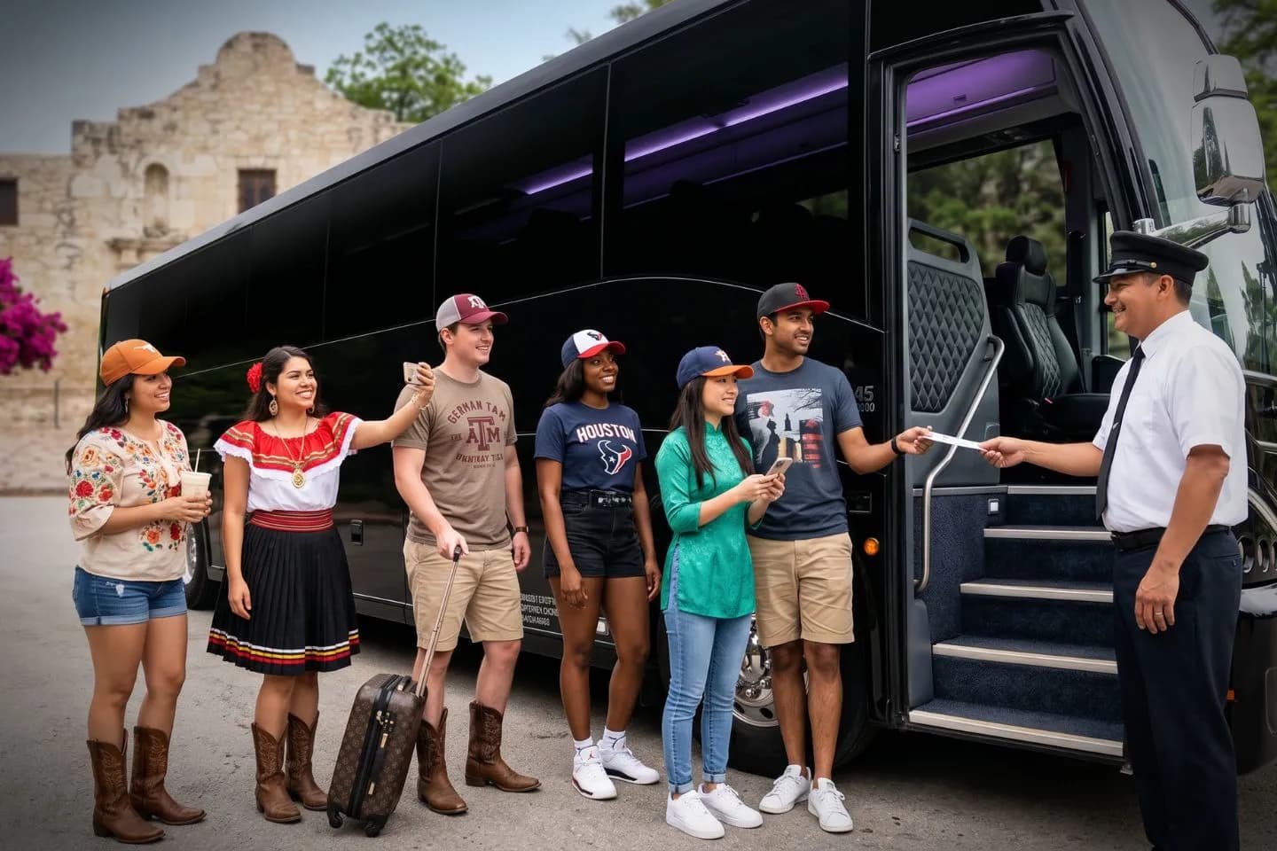 Spacious charter bus interior with reclining seats ready for Texas passengers