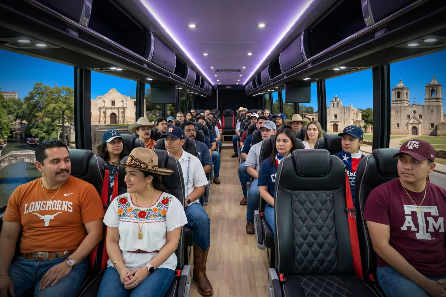 Motorcoach traveling along an interstate near the Houston skyline on a Texas charter route