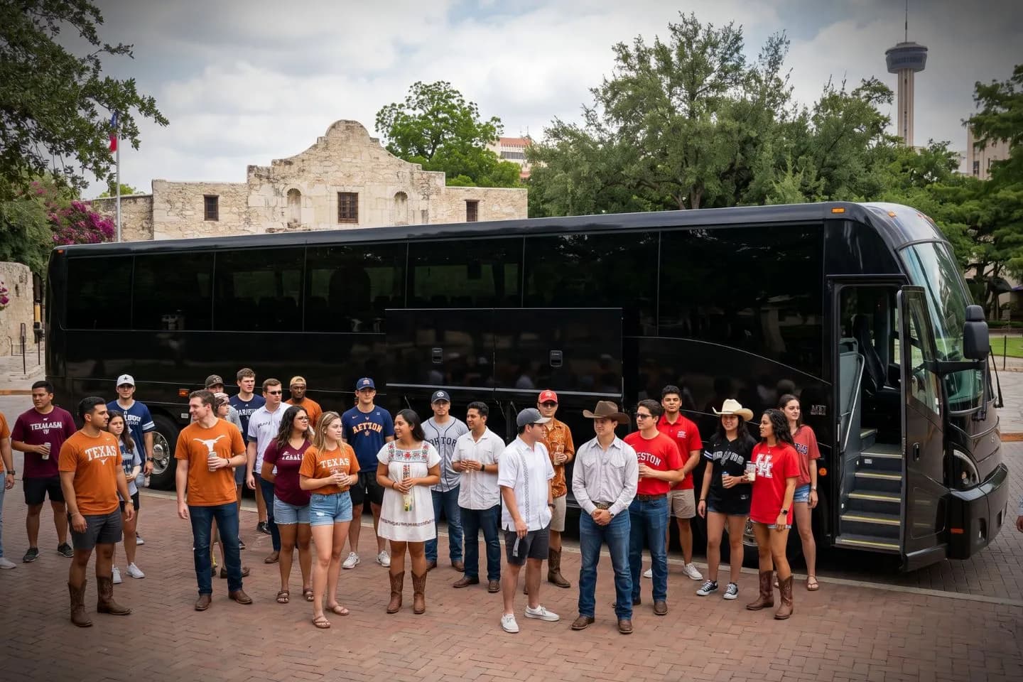 Professional driver welcoming guests aboard a luxury charter bus in Texas