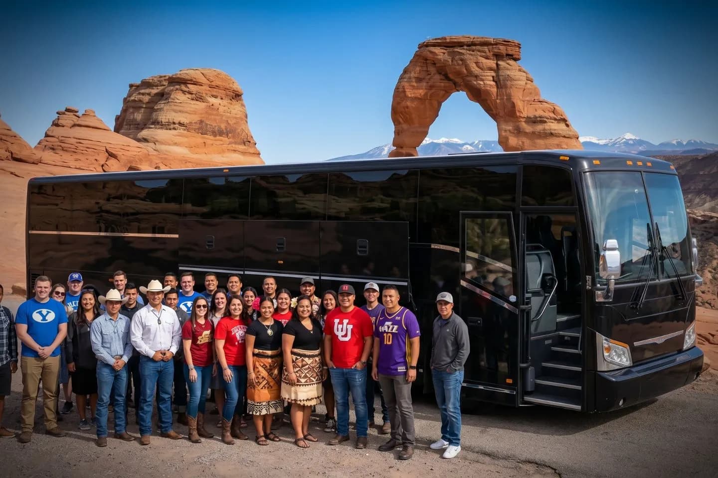 Modern charter bus cruising a red rock canyon highway during an Utah group tour