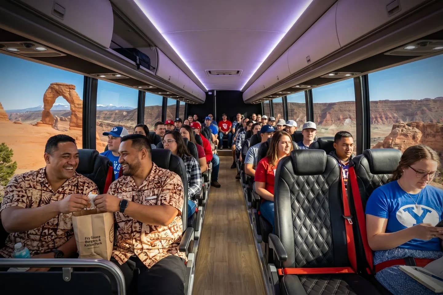 Uniformed chauffeur standing beside an open charter bus door in Utah