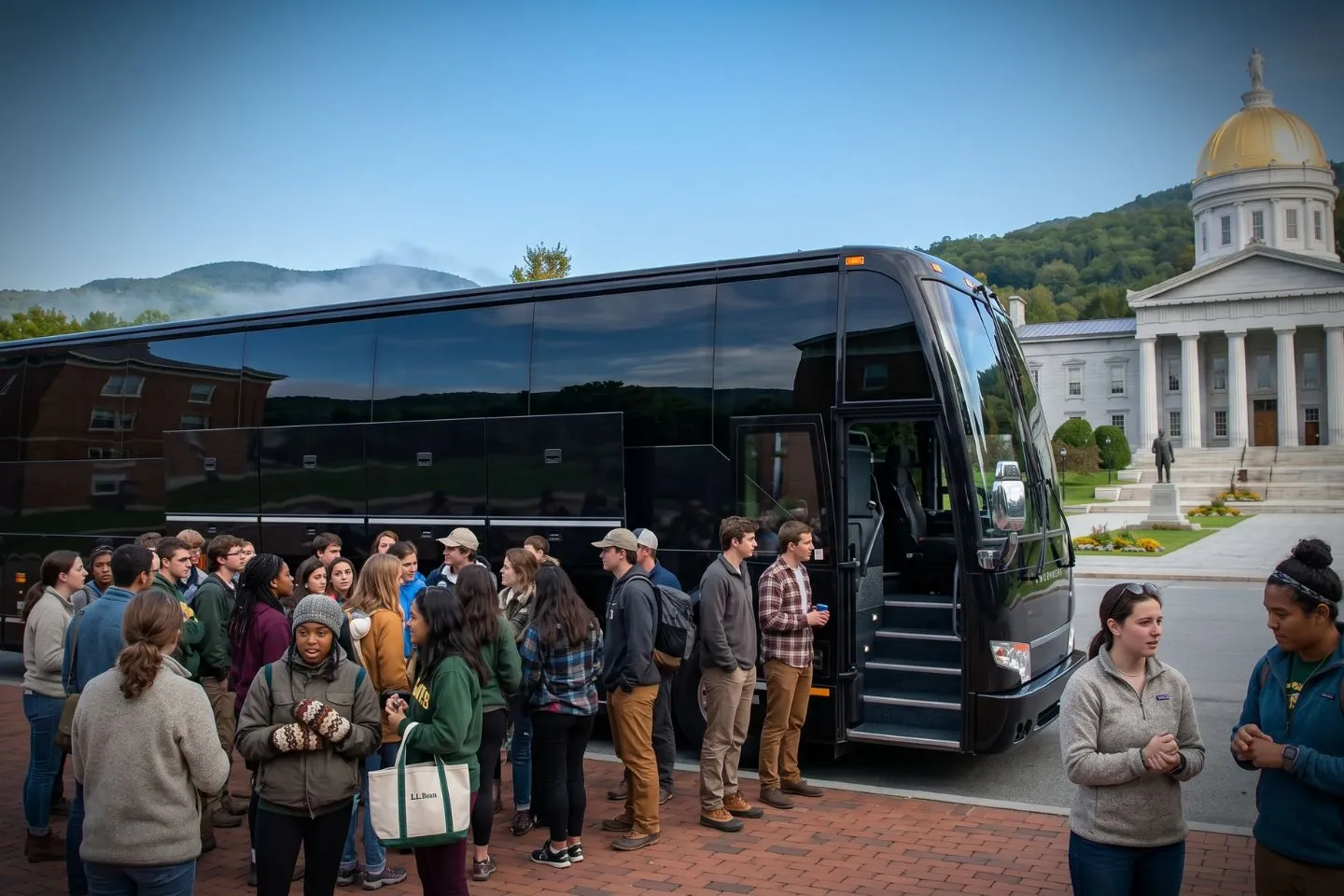 Passengers stepping onto a charter bus at the start of a Vermont trip