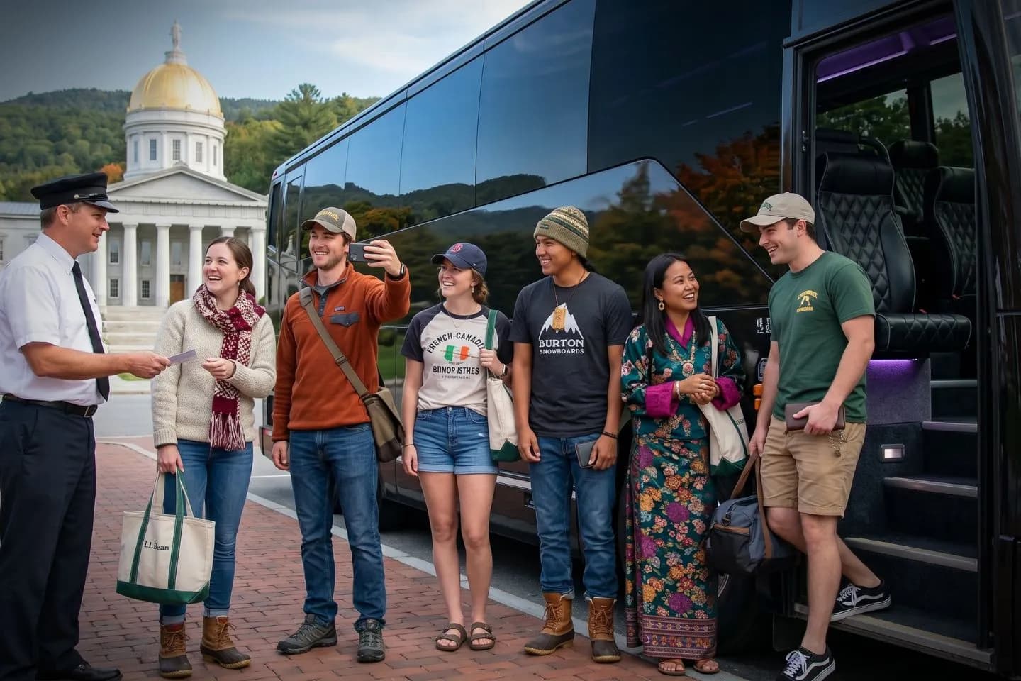 Wide aisle and plush seats inside a charter bus serving Vermont travelers