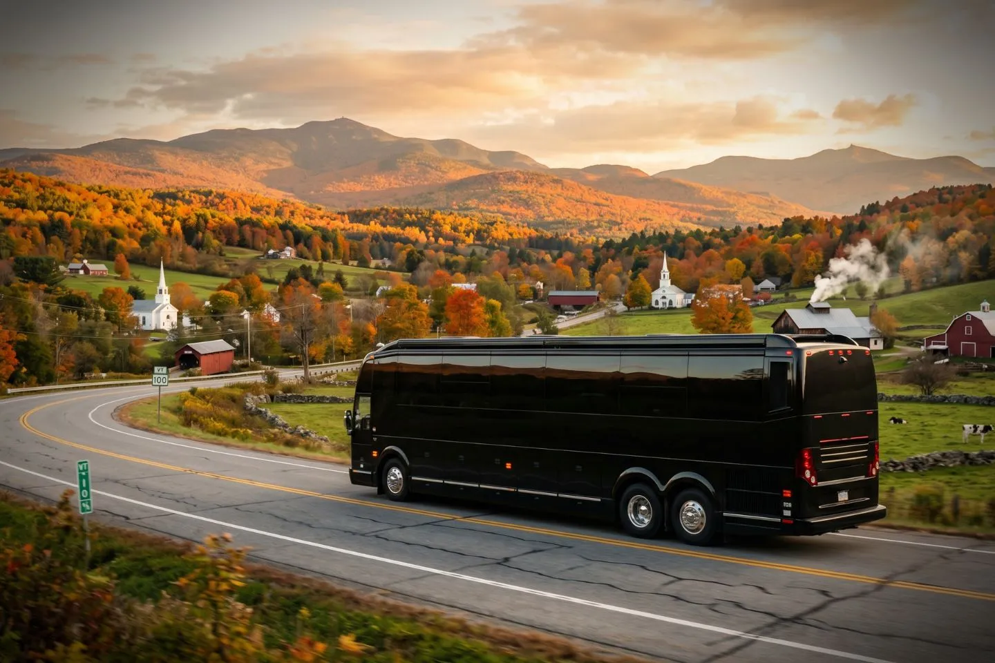 Black charter bus waiting outside a Burlington hotel for a Vermont corporate group