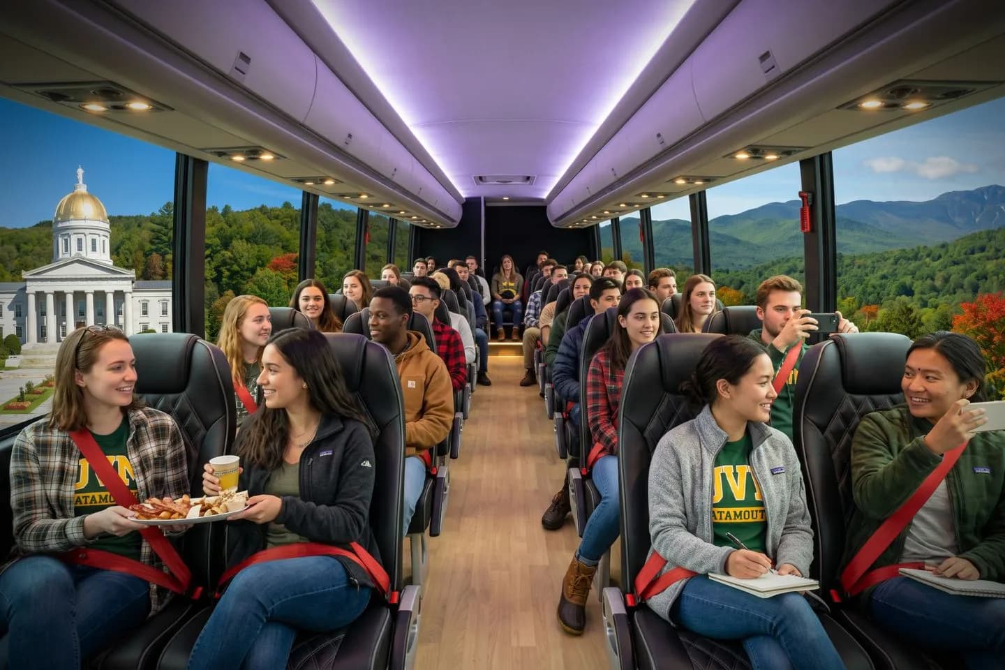 Charter motorcoach rolling down a Green Mountains country road on a Vermont rental itinerary