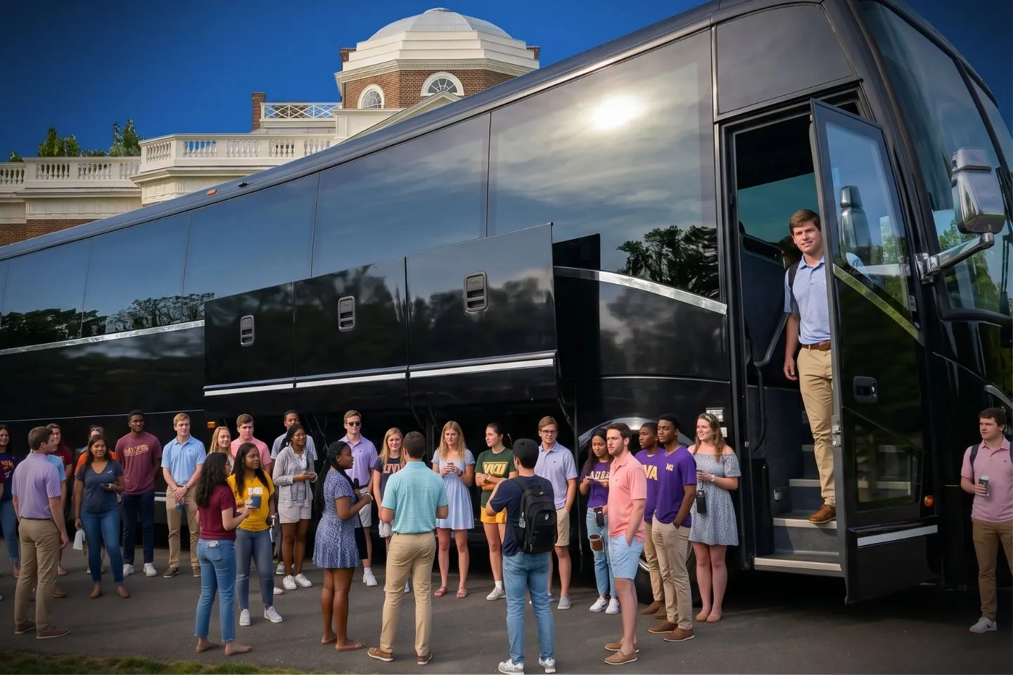 Motorcoach traveling along a Shenandoah Valley highway on a Virginia charter route