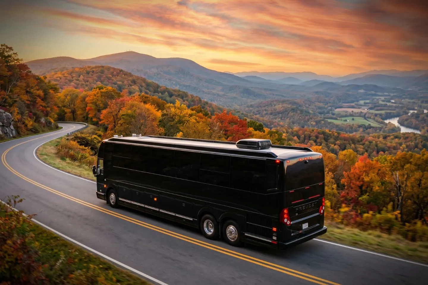 White charter bus parked outside a Richmond hotel awaiting a Virginia tour group