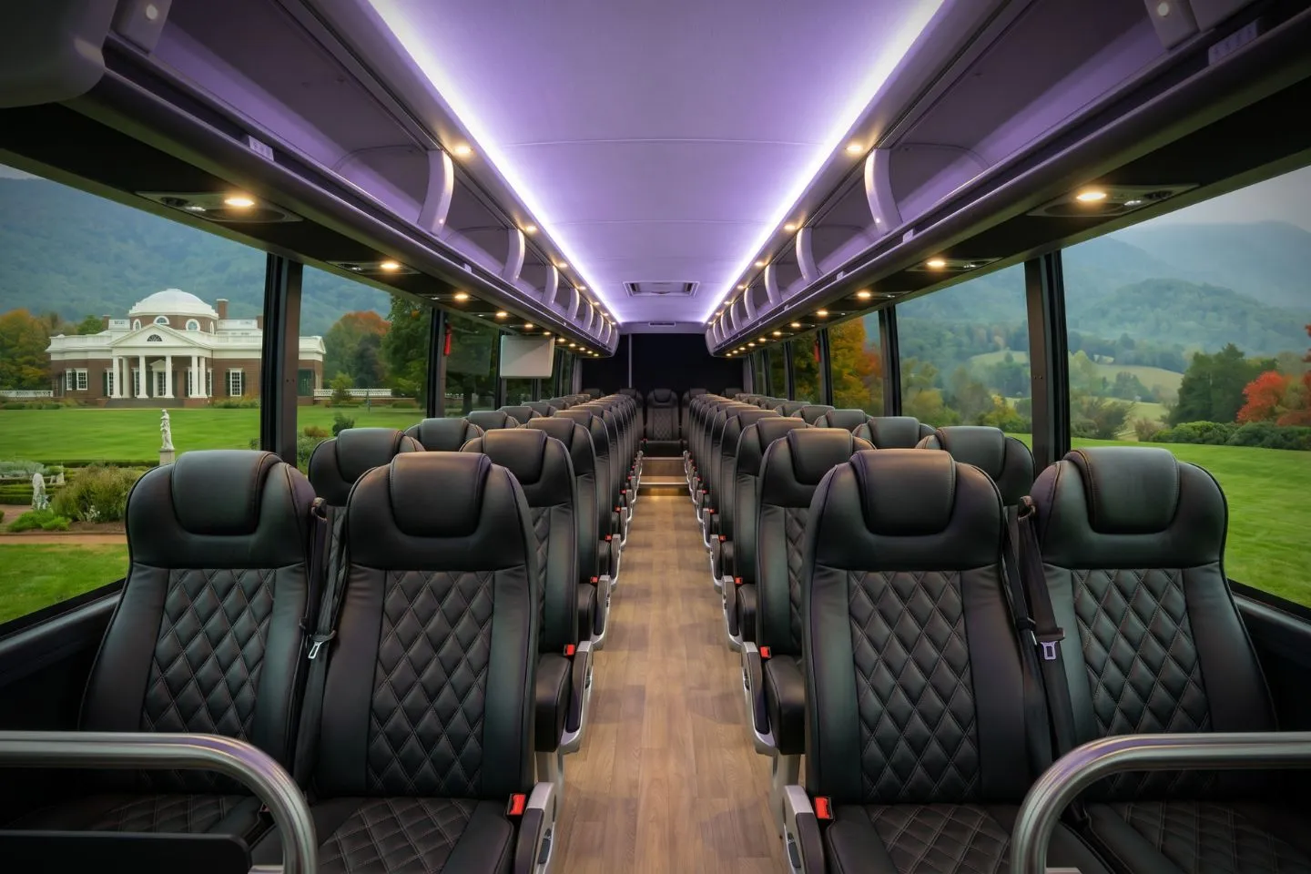 Professional driver welcoming guests aboard a luxury charter bus in Virginia