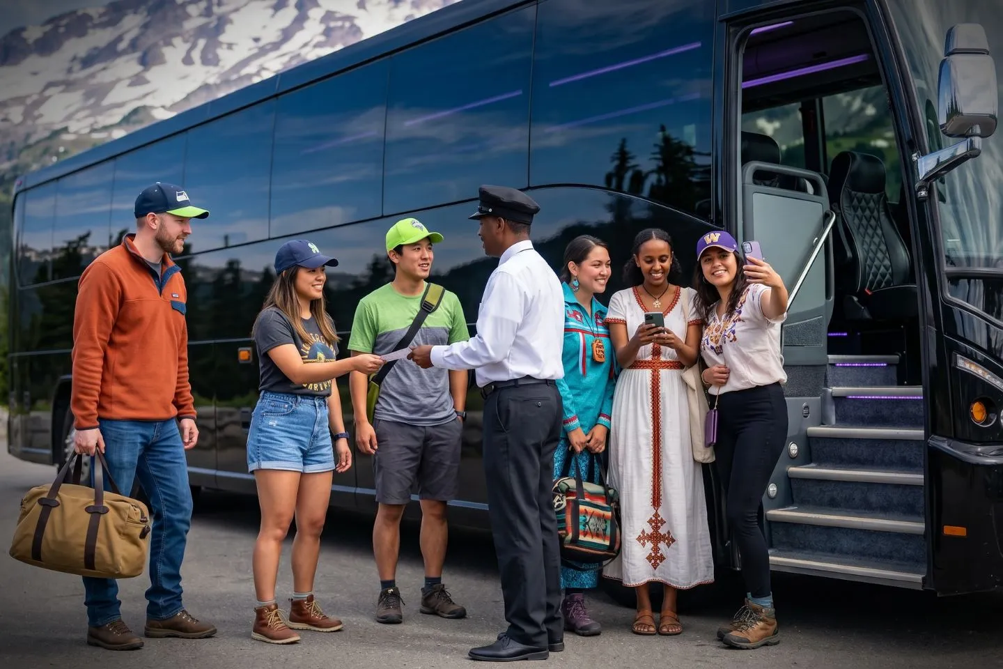 3. Modern charter bus cruising a highway near the Seattle skyline during a Washington group tour