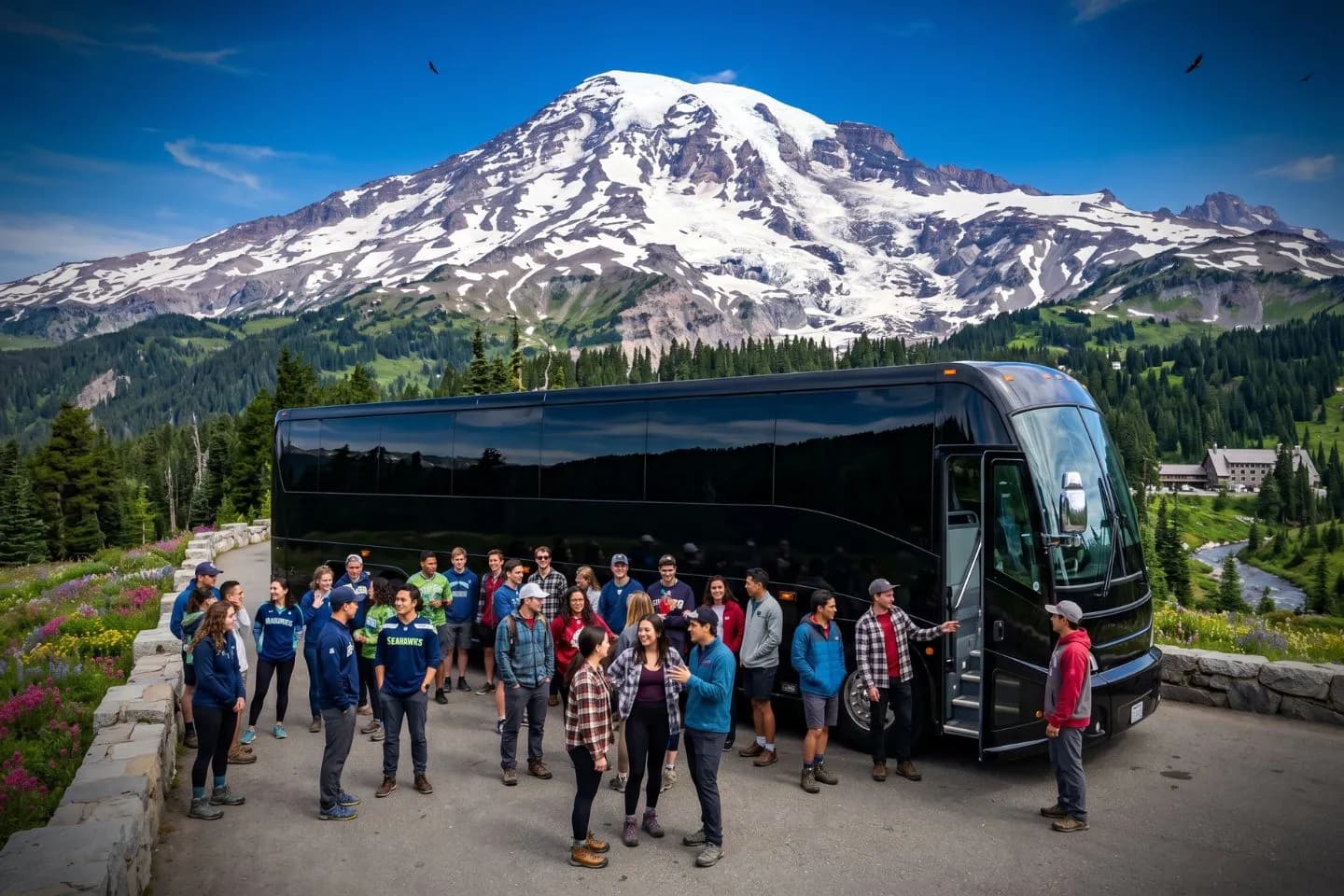 Comfortable leather seating inside a Washington charter bus with overhead storage