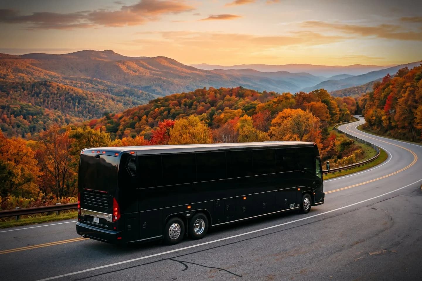 Black charter bus waiting outside a Charleston hotel for a West Virginia corporate group