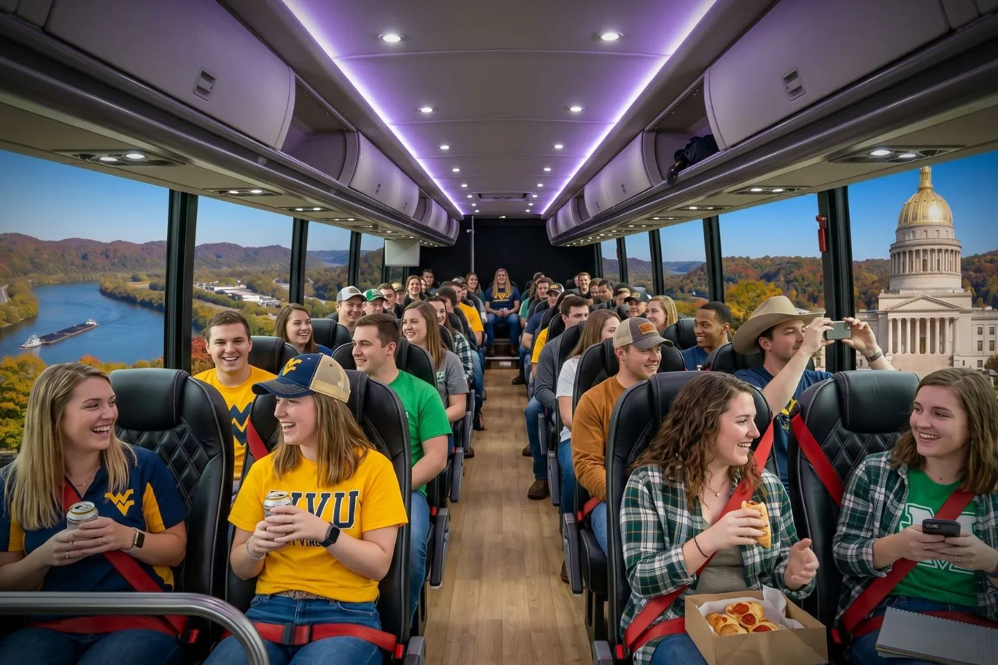 Wide aisle and plush seats inside a charter bus serving West Virginia travelers