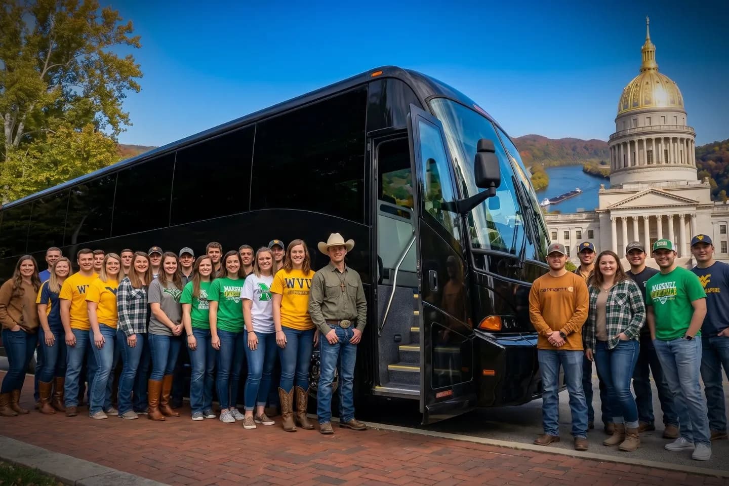 Passengers stepping onto a charter bus at the start of a West Virginia trip