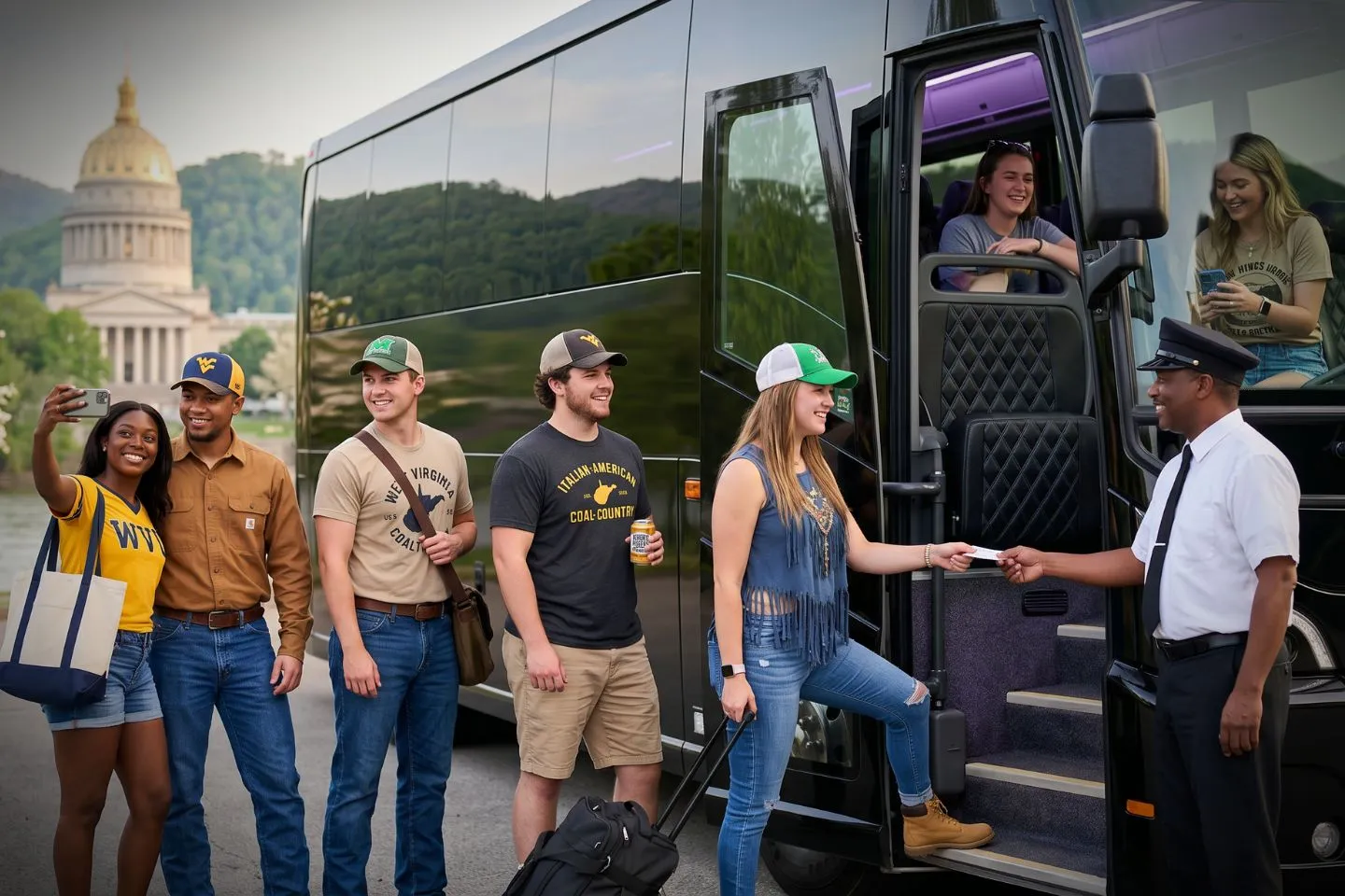 3. Charter motorcoach rolling down a winding Appalachian mountain road on a West Virginia rental itinerary