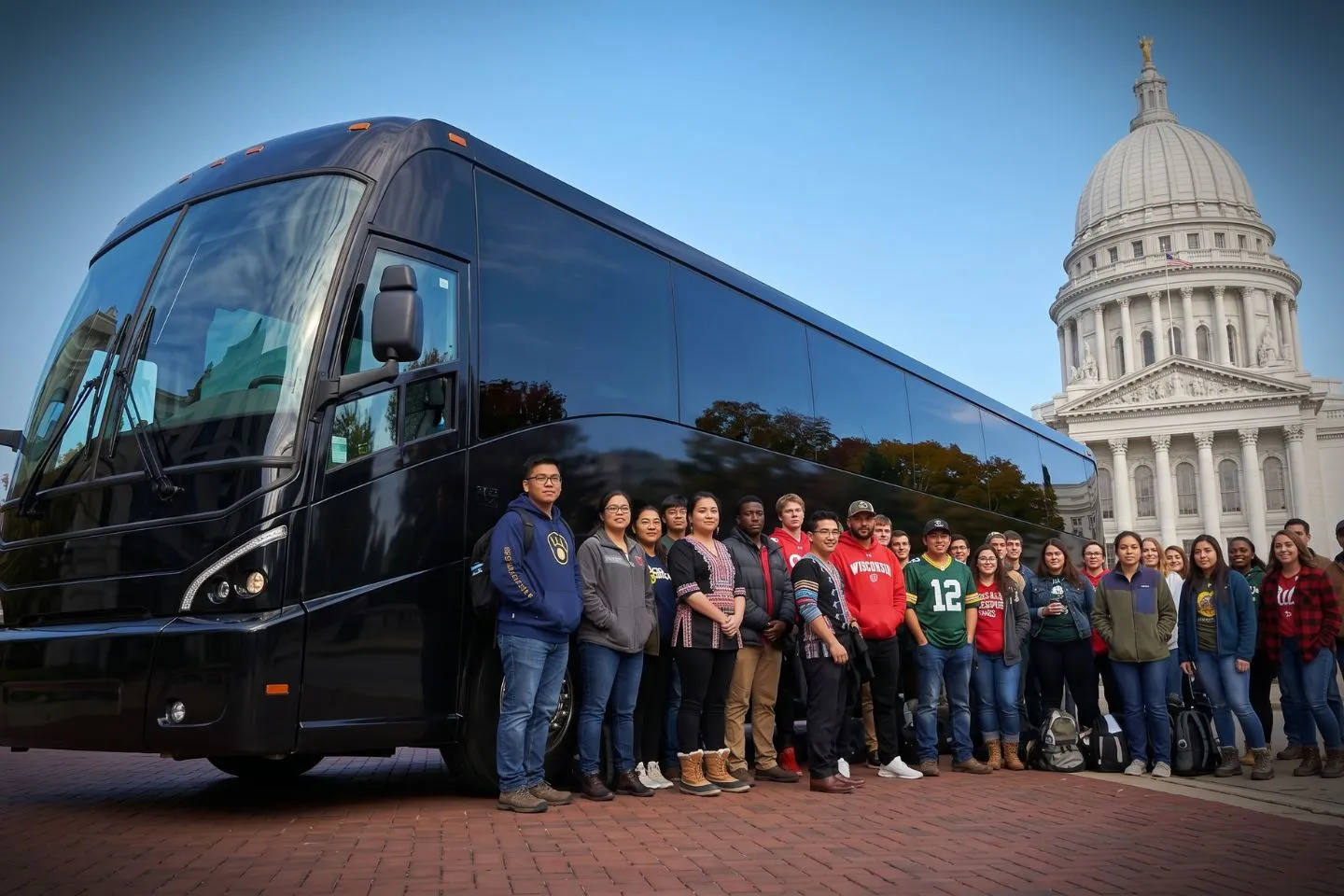 Travelers loading luggage into a modern charter bus for a Wisconsin group trip