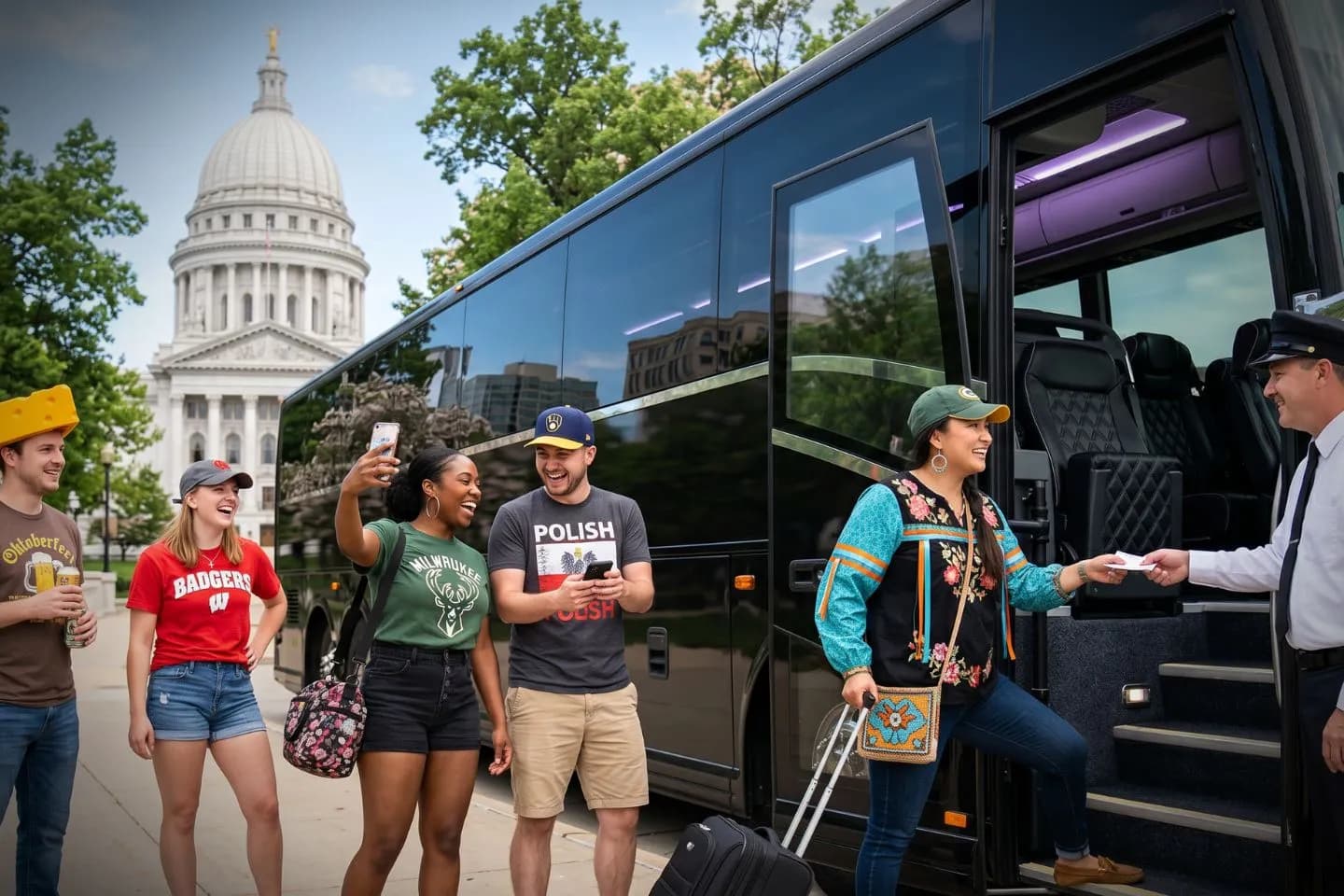 Motorcoach traveling along a lakefront highway in Milwaukee on a Wisconsin charter route