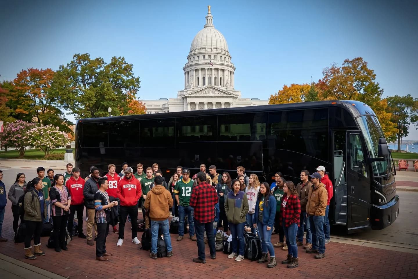 Professional driver welcoming guests aboard a luxury charter bus in Wisconsin
